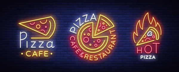 比萨饼收集的霓虹灯标志向量。设置霓虹徽标比萨店, 徽章。霓虹灯广告上的主题是比萨咖啡馆、餐厅、餐厅、小吃吧。明亮的夜广告牌。矢量插图 — 图库矢量图片
