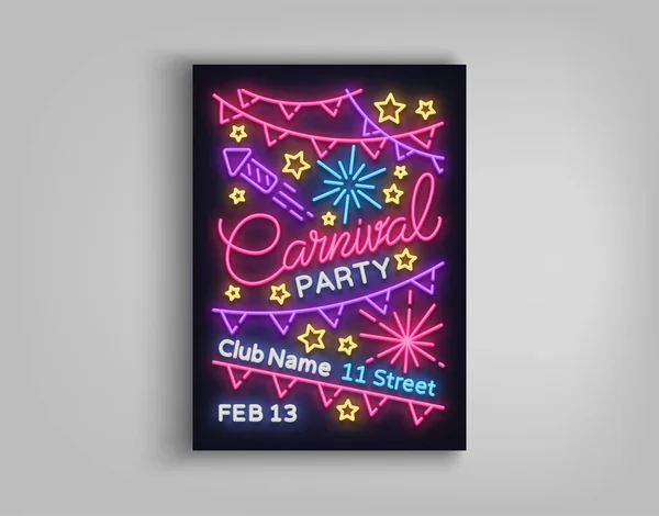 Carnaval cartaz de festa em estilo neon. Sinal de néon, modelo de design, brochura brilhante, cartaz de luz noturna. Publicidade de néon brilhante para carnaval, máscaras, festa de dança, festa musical. Ilustração vetorial — Vetor de Stock