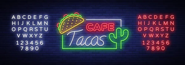 Taco logo vector. Neon sign on Mexican food, Tacos, street food, fast food, snack. Bright neon billboards, shining nightly ads of tacos, Mexican food, cafes, restaurants. Editing text neon sign — Stock Vector