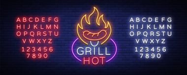 Logo neon tarzı ızgara. Vektör çizimi Tema gıda, et aynı. Neon tabela, parlak sembol, Grill bar, Restoran, snack bar, yemek odası. Barbekü partisi. Metin neon işareti düzenleme