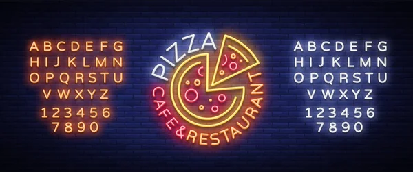 Pizza-Logo im Neon-Stil. Leuchtreklame, Emblem für italienisches Essen. Pizza-Café, Restaurant, Fast Food, Speisesaal, Pizzeria. Nacht leuchtende Pizza-Werbung. Vektorillustration. Bearbeiten von Text Leuchtreklame — Stockvektor