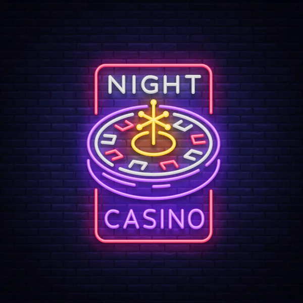 Night casino logó neon stílusban. Neonreklám, fényes fényes banner, éjszakai billboard, fényes reklám a kaszinók, játékgépek és a projektek szerencsejáték rulett. Vektoros illusztráció — Stock Vector