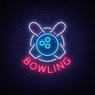 Bowling bir neon işarettir. Amblem, Neon stil logosu, parlak reklam afişi, gece parlak ışıklı billboard, tasarım şablonu Bovling kulüp için Bowling turnuvaları sembolü. Vektör çizim.