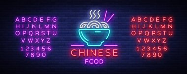 Chinese food logo. Neon sign, emblem, neon billboard, bright nightlight, luminous banner. Bright neon advertising Chinese restaurant, dining room bar. Asian cuisine. Vector. Editing text neon sign clipart