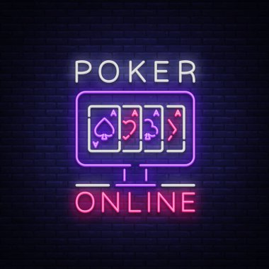 Online poker bir neon işareti olduğunu. Logo sembol neon tarzı svityaschyysya parlak afiş billboard gece, parlak neon Poker, casino projeleriniz için kumar. Para online oynamak. Vektör çizim