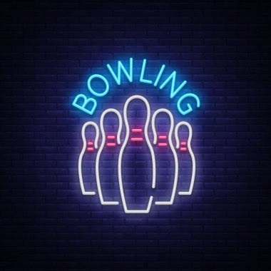 Bowling bir neon işarettir. Amblem, Neon stil logosu, parlak reklam afişi, gece parlak ışıklı billboard, tasarım şablonu Bovling kulüp için Bowling turnuvaları sembolü. Vektör çizim.
