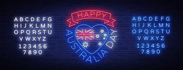 Happy Australia Day on January 26 festive background with flag in neon style. Neon sign. Layout of the template for card, banner, poster, flyer, card. Vector illustration. Editing text neon sign