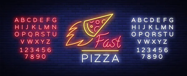 Wektor znak neonowy Pizza. Pizzeria neon logo, godło. Neon reklama na temat pizza café, restauracja, jadalnia, bar przekąskowy, bar. Błyszczący transparent. Ilustracja wektorowa. Edycja tekstu neon znak — Wektor stockowy
