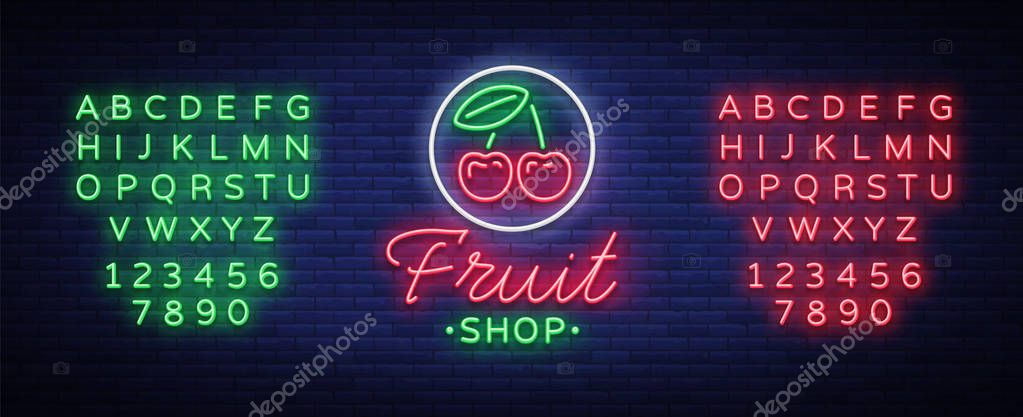 Fruit shop logo vector. Neon sign, bright nightlife advertising for fruit sales for your projects. Fruit Shop Billboard. Vegetarian food, Organic food. Vector illustration. Editing text neon sign.