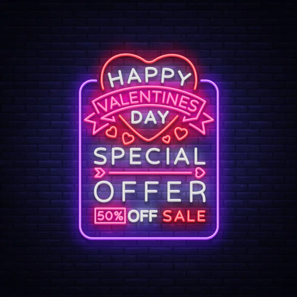 Valentines Day sale vector design template poster in neon style. Neon sign, neon banner with discounts, bright night advertising for stores, brochure, flyer, postcard. Vector illustration — Stock Vector