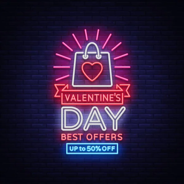 Valentine day sale neon sign. Vector illustration. Neon banner, light flyer, invitations, posters, brochures, banners. Bright advertising of discounts to the day of lovers — Stock Vector