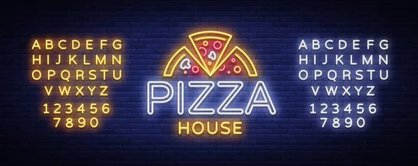 Pizza logo emblemat neon znak. Logo w stylu neon, jasny neon znak z promocji włoskie jedzenie, pizzeria, przekąskami, kawiarnia, bar, restauracja. Dostawy pizzy. Ilustracja wektorowa. Edycja tekstu neon znak — Wektor stockowy