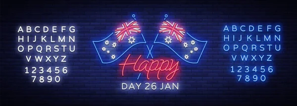 Happy Australia Day neon sign vector. Neon banner, bright card, luminous sign, Night neon welcome card Happy Australia 26 January. Flyer, design template for your projects. Editing text neon sign