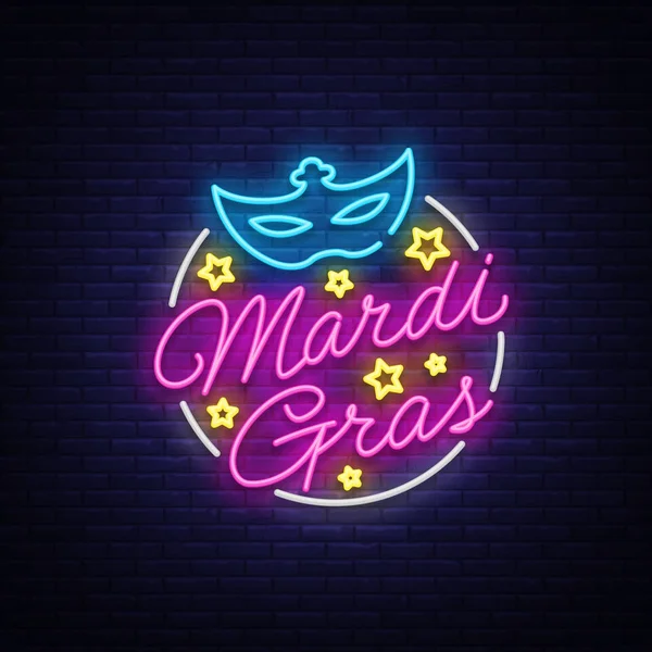 Modelo de design Mardi Gras para cartões de felicitações, folhetos, saudações. A terça-feira gorda é uma ilustração festiva no estilo do neon, sinal do neon, símbolo do feriado, bandeira luminosa brilhante, outdoor do neon. Vetor — Vetor de Stock