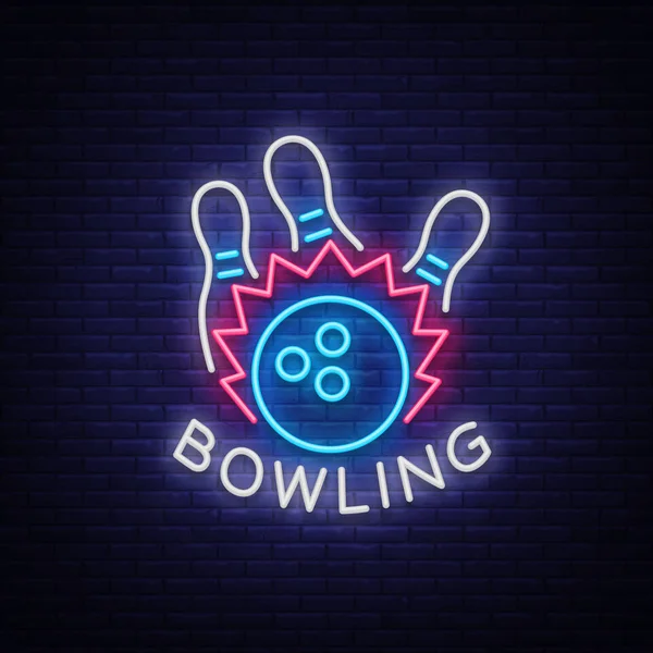 Bowling logo vector. Sinal de néon, símbolo, banner brilhante publicidade boliche noite brilhante, cartaz de néon luminoso. Desenhe um modelo para o logotipo do Bowling Club. Ilustração vetorial — Vetor de Stock