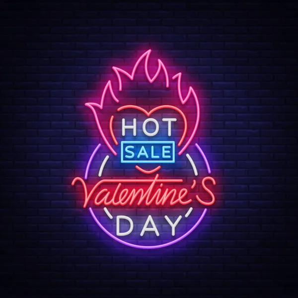 Valentines Day sale vector design template poster in neon style. Neon sign, neon banner with discounts, bright night advertising for stores, brochure, flyer, postcard. Vector illustration — Stock Vector