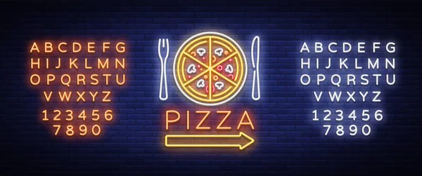 Pizza logo emblemat neon znak. Logo w stylu neon, jasny neon znak z promocji włoskie jedzenie, pizzeria, przekąskami, kawiarnia, bar, restauracja. Dostawy pizzy. Ilustracja wektorowa. Edycja tekstu neon znak — Wektor stockowy