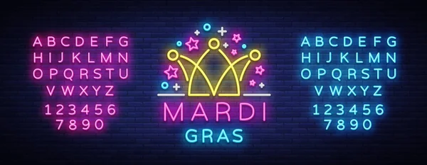 Plantilla de diseño Mardi Gras para tarjetas de felicitación, volantes, saludo. Fat Tuesday es una ilustración festiva en estilo neón, letrero de neón, símbolo navideño, pancarta luminosa brillante. Vector. Edición de texto signo de neón — Vector de stock