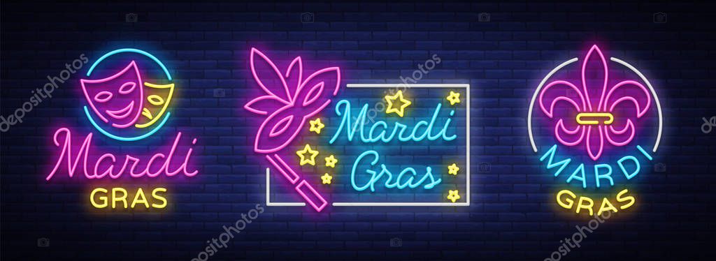 Mardi Gras vector, set of symbols,with holiday greetings, festive card. Fat Tuesday, festive illustration in neon style, luminous banner, neon sign, bright billboard. Design a template for a carnival.