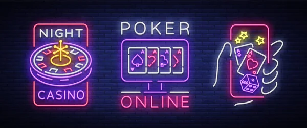 Casino ist eine Reihe von Leuchtreklamen. Logo-Kollektion im Neon-Stil, leuchtende Banner, helle Neon-Werbung Online-Poker, Glücksspiel, Casino für Ihre Projekte. Geld online spielen. Vektorillustration — Stockvektor