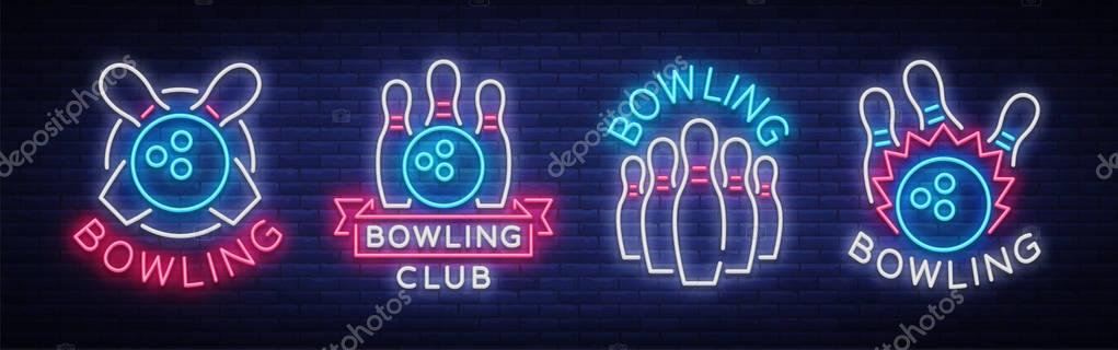 Bowling is collection of neon signs. Collection of Emblem Symbols, Neon Logo, Light Advertising Banner, Night Lighting Billboard, Design Pattern for the Bowling Club, Tournaments. Vector illustration.