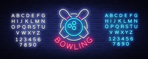 Le bowling est un néon. Symbole emblème, logo de style néon, bannière publicitaire lumineuse, panneau d'affichage lumineux, modèle de conception pour le Bowling Club, tournois. Illustration vectorielle. Montage de texte néon signe — Image vectorielle