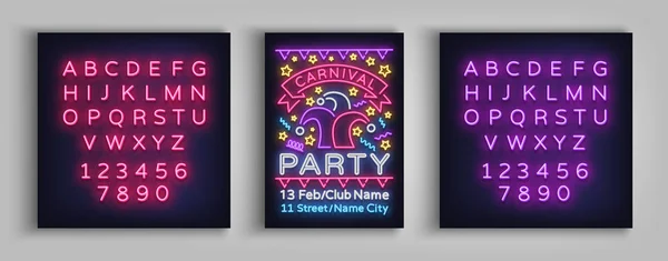 Farsangi party tervezősablon, brosúra, plakát-neon style. Fényes fényes meghívás a karnevál fél maskara. Neonreklám, szórólap. Mardi Gras vektoros illusztráció. Szerkesztése szöveg Neonfény — Stock Vector