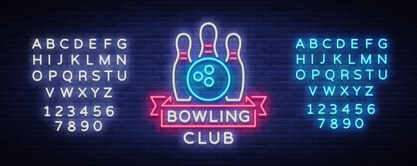 Bowling is een neon teken. Symbool embleem met Neon stijlkenmerk, lichtgevende reclamebanner, heldere billboard, ontwerpsjabloon voor de Bowling Club, toernooien. Vectorillustratie. Bewerken tekst lichtreclame — Stockvector