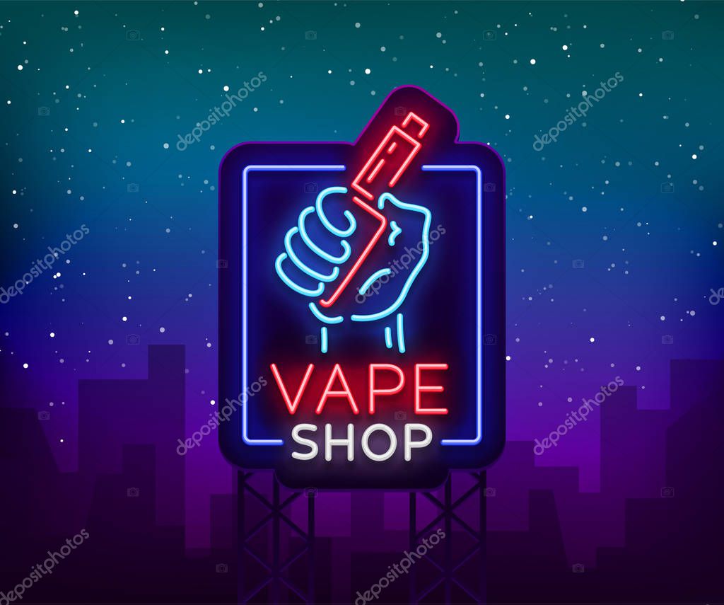 Vape shop neon sign, billboard. Vector illustration. Neon sign, a night glowing banner selling electronic cigarettes, night advensing vape store.