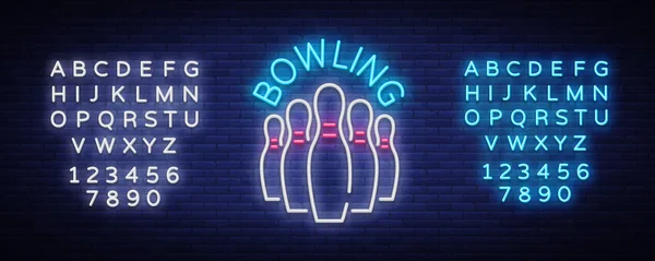 Membungkuk vektor logo. Tanda neon, simbol, spanduk terang yang mengiklankan bowling malam yang cerah, papan iklan neon yang bercahaya. Templat desain untuk logo Bowling Club. Vektor ilustrasi. Menyunting tanda teks neon - Stok Vektor