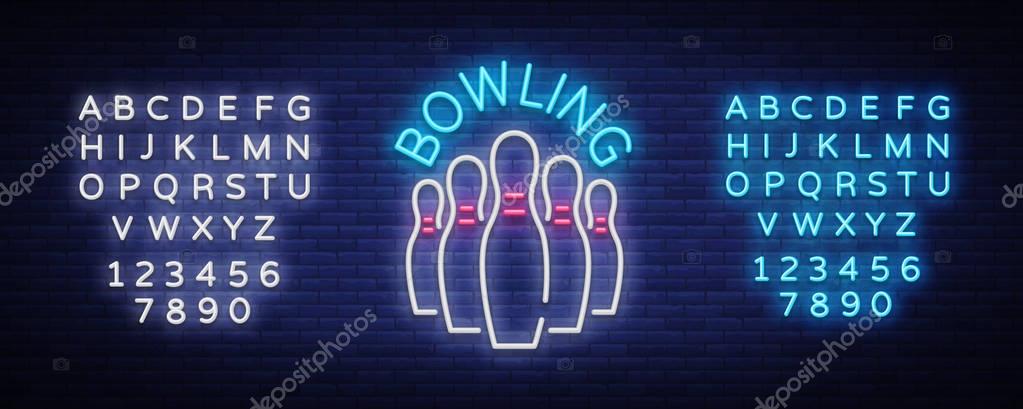 Bowling logo vector. Neon sign, symbol, bright banner advertising bright night bowling, luminous neon billboard. Design template for the Bowling Club logo. Vector illustration. Editing text neon sign.