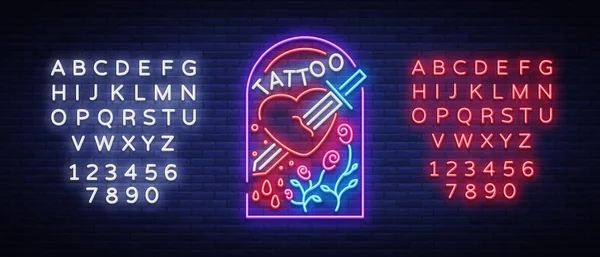 Tatuering studio logotyp i neon stil. Neonskylt, emblem, en symbol för mans hjärta är genomborrad av svärd, neon på en tatuering för tatuering salong, studio. Vektorillustration. Redigera text neonskylt — Stock vektor