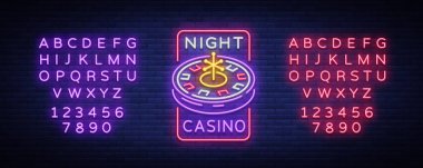 Gece casino logo neon tarzı. Rulet Neon tabela, ışıklı afiş, gece billboard, parlak reklam casinolar, oyun makineleri ve kumar. Vektör çizim. Metin neon işareti düzenleme