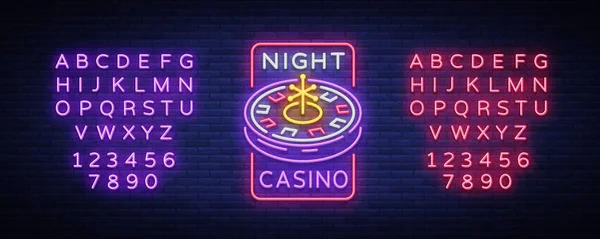 Nacht Casino-Logo in Neon-Stil. Roulette-Leuchtreklame, Leuchtbanner, Nachtwerbetafel, helle Werbung für Kasinos, Spielautomaten und Glücksspiele. Vektorillustration. Bearbeiten von Text Leuchtreklame — Stockvektor