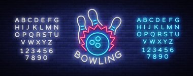 Bowling logo vektör. Neon işaret, sembol, parlak afiş reklam parlak gece Bovling, parlak neon billboard. Bowling Club logo tasarım şablonu. Vektör çizim. Metin neon işareti düzenleme