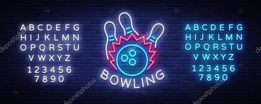 Bowling logo vector. Neon sign, symbol, bright banner advertising bright night bowling, luminous neon billboard. Design template for the Bowling Club logo. Vector illustration. Editing text neon sign.