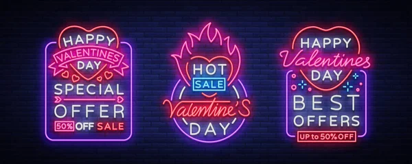 Valentines day vector sales, set of design patterns for posters in neon style. Collection of Neon signs, neon banner, bright night advertising, brochure, flyer, postcard. Vector illustration — Stock Vector
