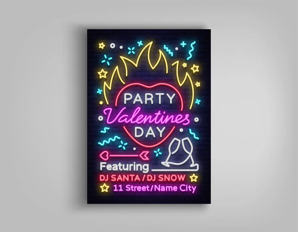 Alla hjärtans dag inbjudan till ett parti vykort. Neon skylt, formgivningsmall, levande Anniversary Celebration annonseringen, natt Bright nattklubb Banner, Neon stil Flyer. Vektorillustration — Stock vektor