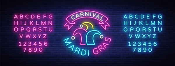 Mardi Gras vektor szimbólum a nyaralást üdvözletet, ünnepi kártya. Kövér kedd, ünnepi illusztráció-neon style, fényes banner, Neonfény. A tervezősablon a karnevál. Szerkesztése szöveg Neonfény — Stock Vector