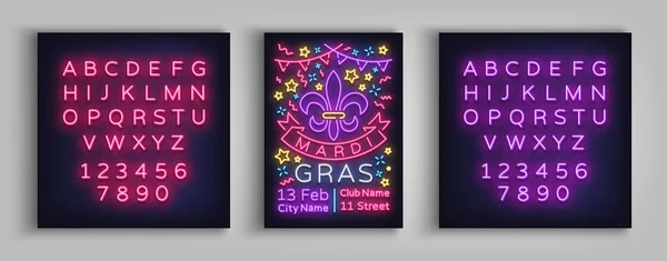 Mardi Gras poszter design sablon neon stílusban. Neonreklám, világos jele, prospektus, meghívó, képeslap, élénk, reklám, egy kövér kedd. Szórólap, banner. Vektoros illusztráció. Szerkesztése szöveg Neonfény — Stock Vector