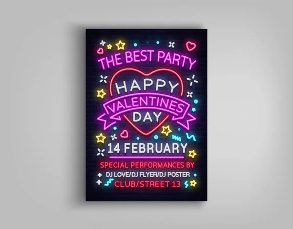 Šťastný Valentines Day plakát večírek. Neon návrhu šablony typografie, neonový nápis, jasný nápis nabídkové strany, noční klub reklama, karta, leták. Vektorové ilustrace — Stockový vektor