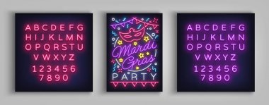 Mardi Gras davetiye şablon tasarım. Neon tarzı poster, neon tabela, broşür, afiş, el ilanı davetiye broşür yağ Salı. Karnaval, maskeli balo. Vektör çizim. Metin neon işareti düzenleme