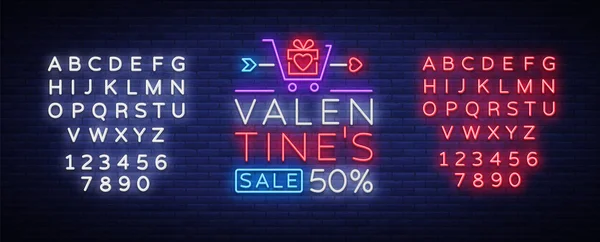 Valentine dag verkoop lichtreclame. Vectorillustratie. Neon banner, lichte flyer, uitnodigingen, posters, brochures, banners. Heldere reclame voor kortingen op de dag van liefhebbers. Bewerken tekst lichtreclame — Stockvector