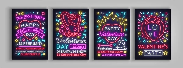 Happy Valentines party set d'affiches. Modèles de motifs néon collection typographie, enseigne néon, invitation de bannière lumineuse à la fête, publicité de boîte de nuit veilleuse, carte. Illustration vectorielle — Image vectorielle