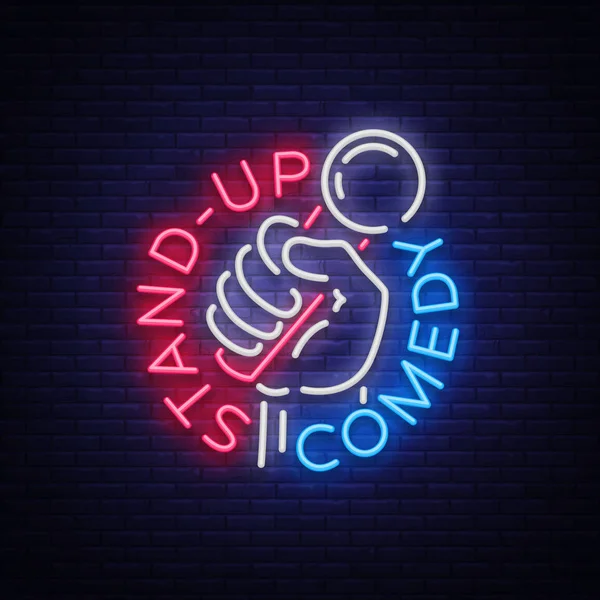 Comedy Show Stand Up convite é um sinal de néon. Logo, Emblema Folheto brilhante, cartaz de luz, banner de néon, anúncios comerciais de noite brilhante, cartão, cartão postal. Ilustração vetorial — Vetor de Stock