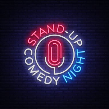 Stand Up komedi Show bir neon işarettir. Neon logo, sembol, parlak ışıklı afiş, neon tarzı poster, parlak gece reklam. Gösterisini hazır. Komedi göstermek için davet. Vektör