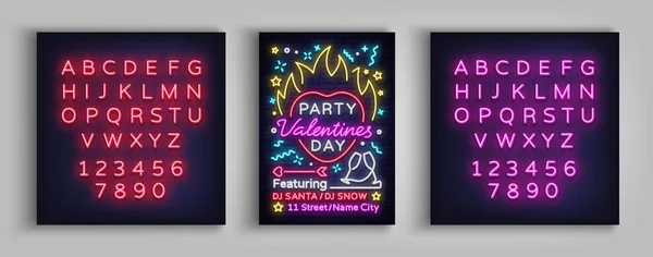 Bir parti kartpostal Sevgililer günü davetiyesi. Neon işareti, tasarım şablonu, canlı yıldönümü kutlamaları reklam, Bright afiş, Neon tarzı el ilanı. Vektör çizim. Metin neon işareti düzenleme — Stok Vektör