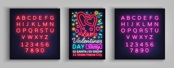 Joyeux anniversaire de la Saint-Valentin. Modèle de conception au néon typographie, enseigne au néon, bannière lumineuse, publicité de boîte de nuit de la vie nocturne, carte, flyer. Illustration vectorielle. Montage de texte néon signe — Image vectorielle