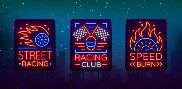 Racing neon billboard logo's patroon. Een gloeiende teken op het thema van de races. Neonreclames, lichte nacht banner. Vectorillustratie — Stockvector