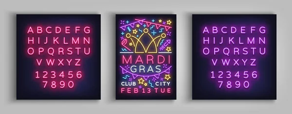 Mardi Gras meghívó sablon design. Neon-stílusú plakát, prospektus, neonreklám, banner, szórólap, meghívó füzet a kövér kedd. Farsang, az álarcosbál. Vektoros illusztráció. Szerkesztése szöveg Neonfény — Stock Vector